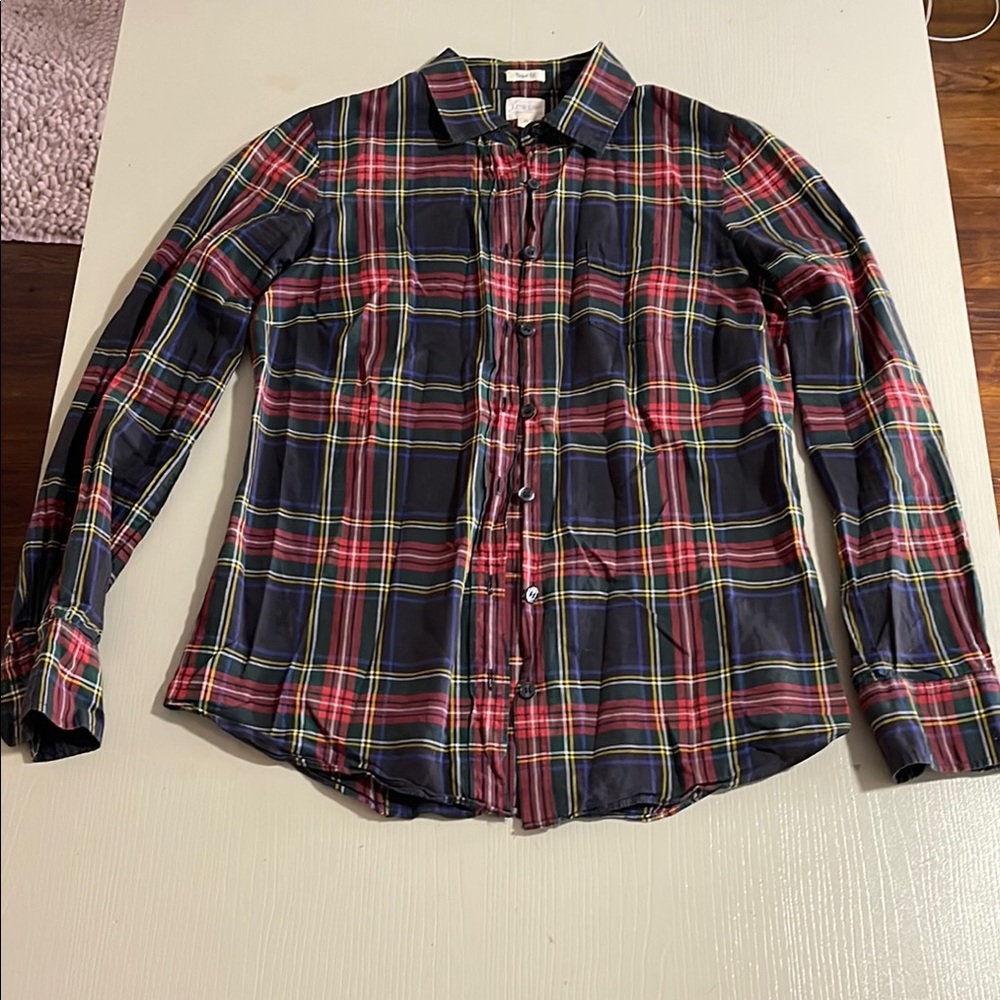 J. Crew Navy Plaid Button-Down Shirt with Red and Yellow Stripes
